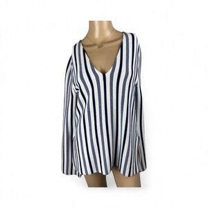 Ann Taylor‎ Navy White Stripe Sz  XS V-neck Bell Sleeve Knit Plullover Sweater